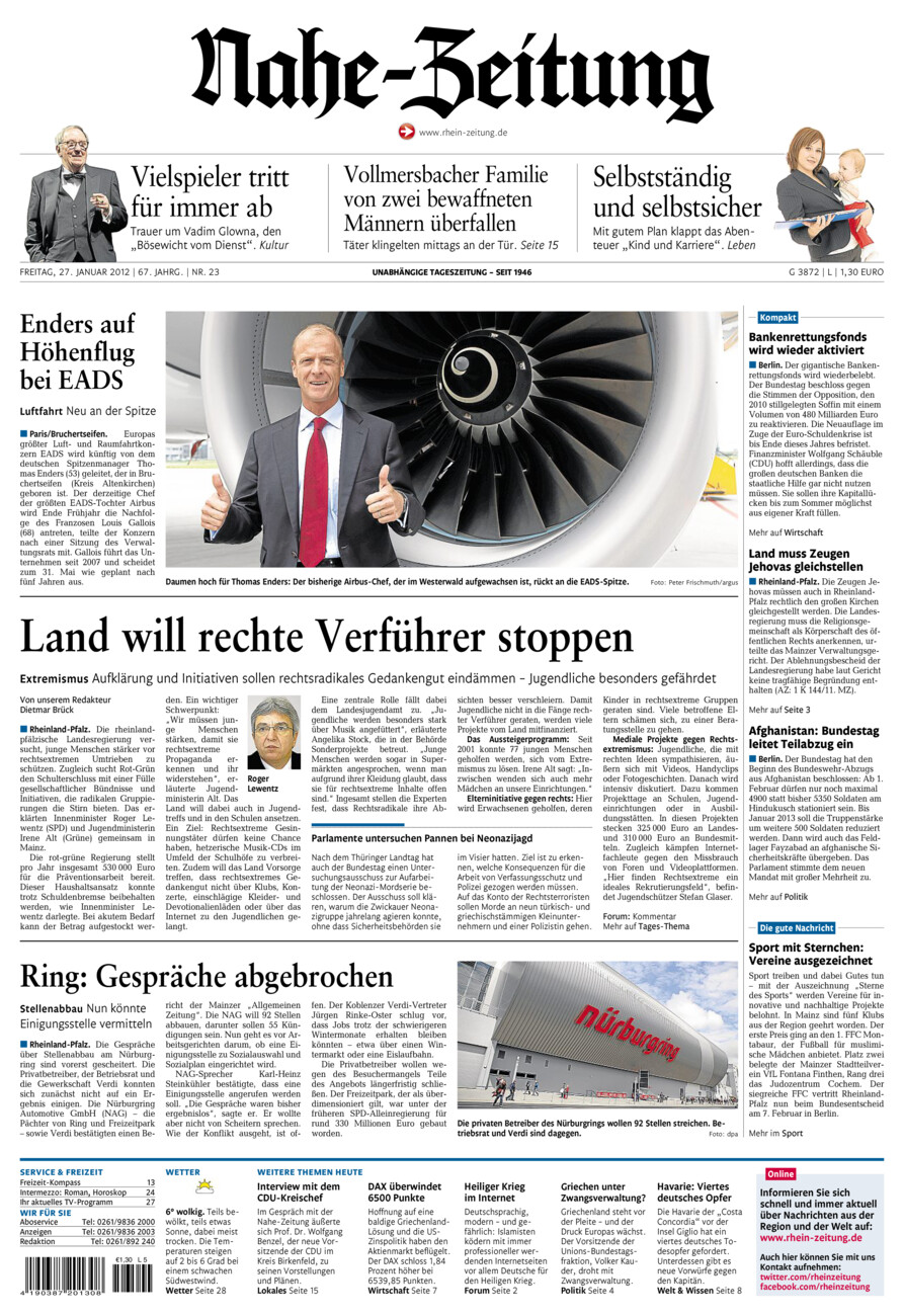 Nahe-Zeitung vom Freitag, 27.01.2012