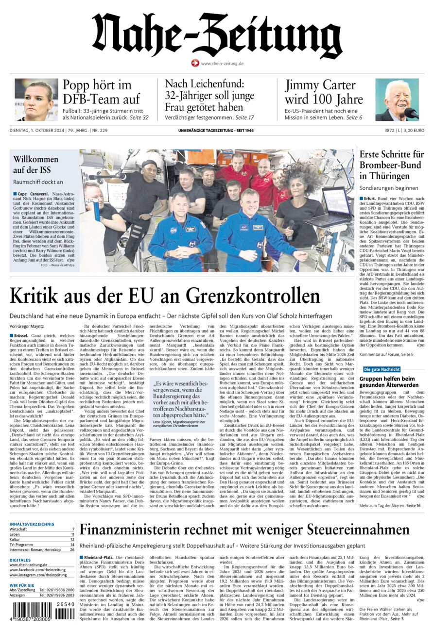 Nahe-Zeitung vom Dienstag, 01.10.2024