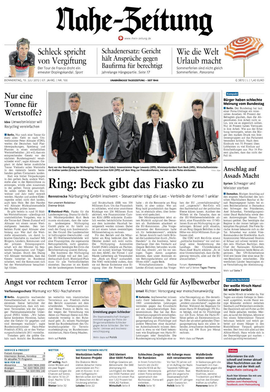 Nahe-Zeitung vom Donnerstag, 19.07.2012