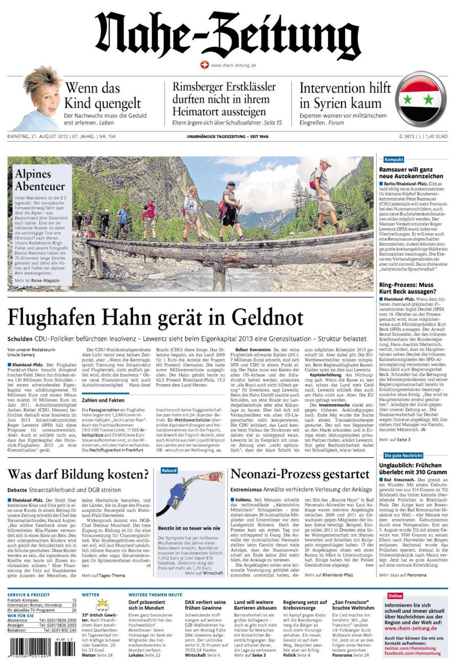 Nahe-Zeitung vom Dienstag, 21.08.2012