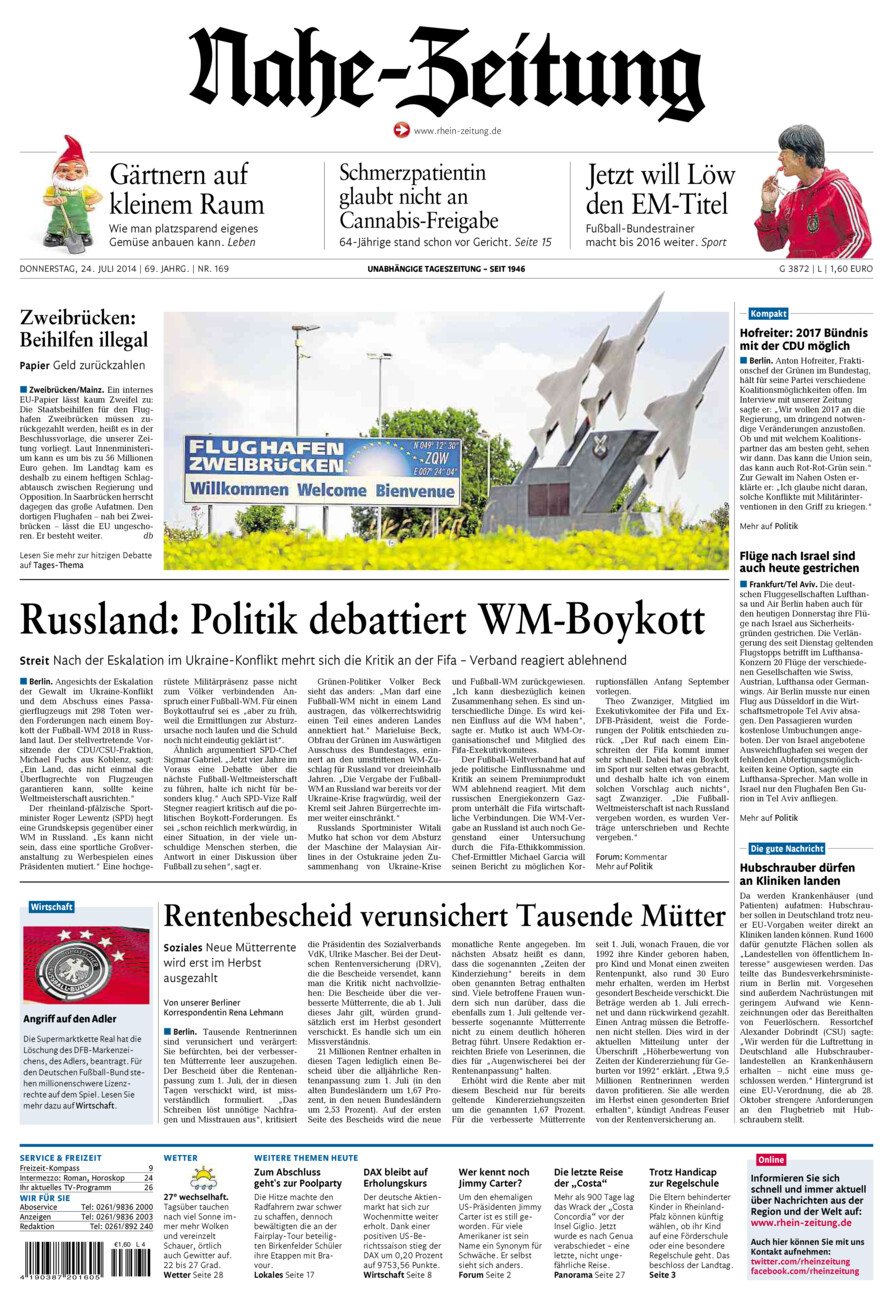 Nahe-Zeitung vom Donnerstag, 24.07.2014