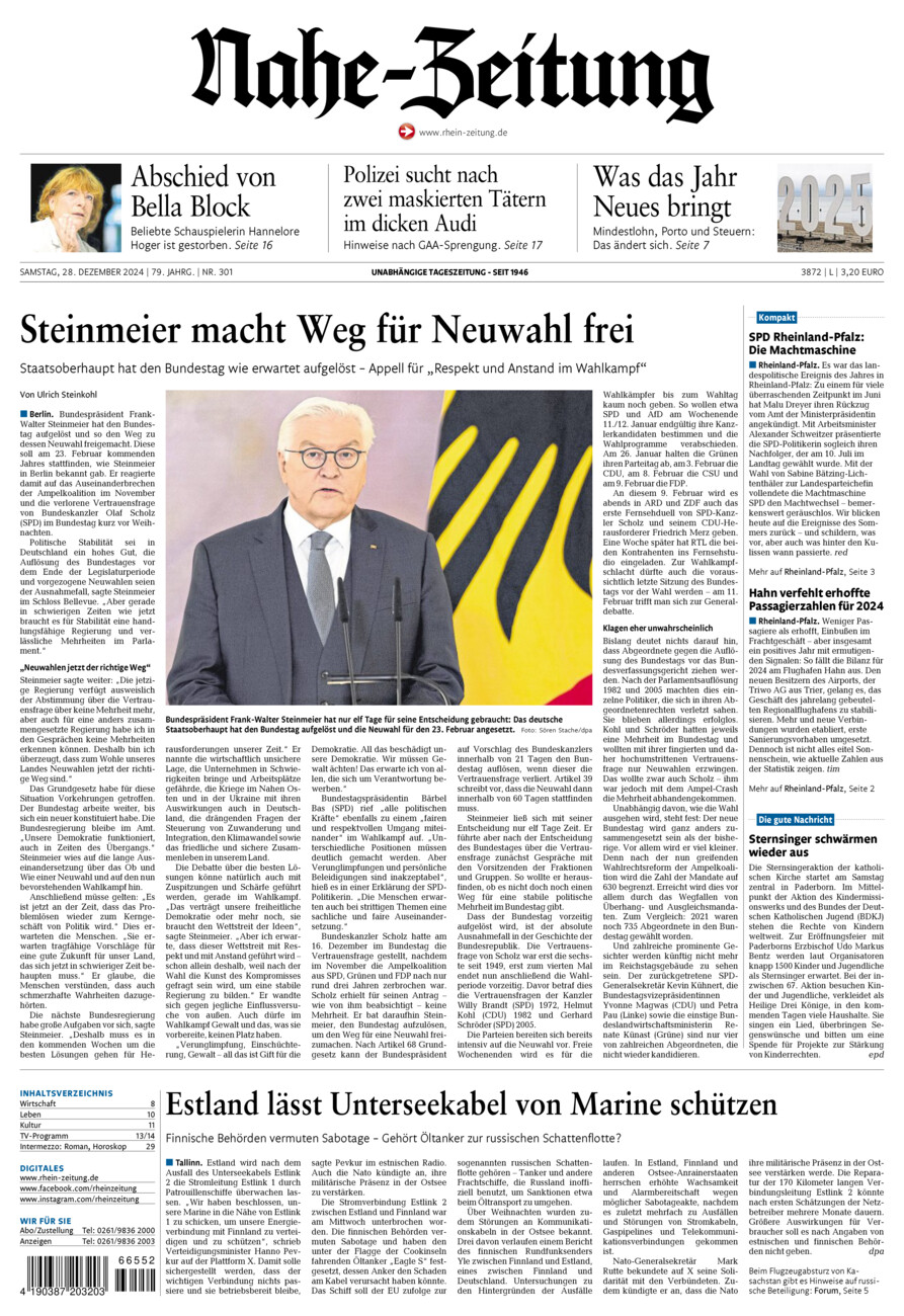 Nahe-Zeitung vom Samstag, 28.12.2024