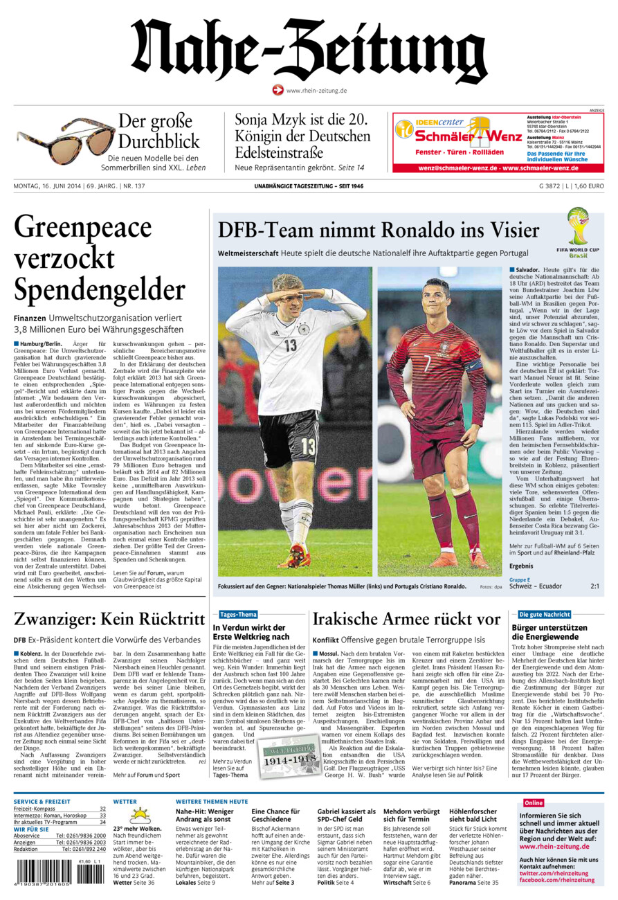 Nahe-Zeitung vom Montag, 16.06.2014