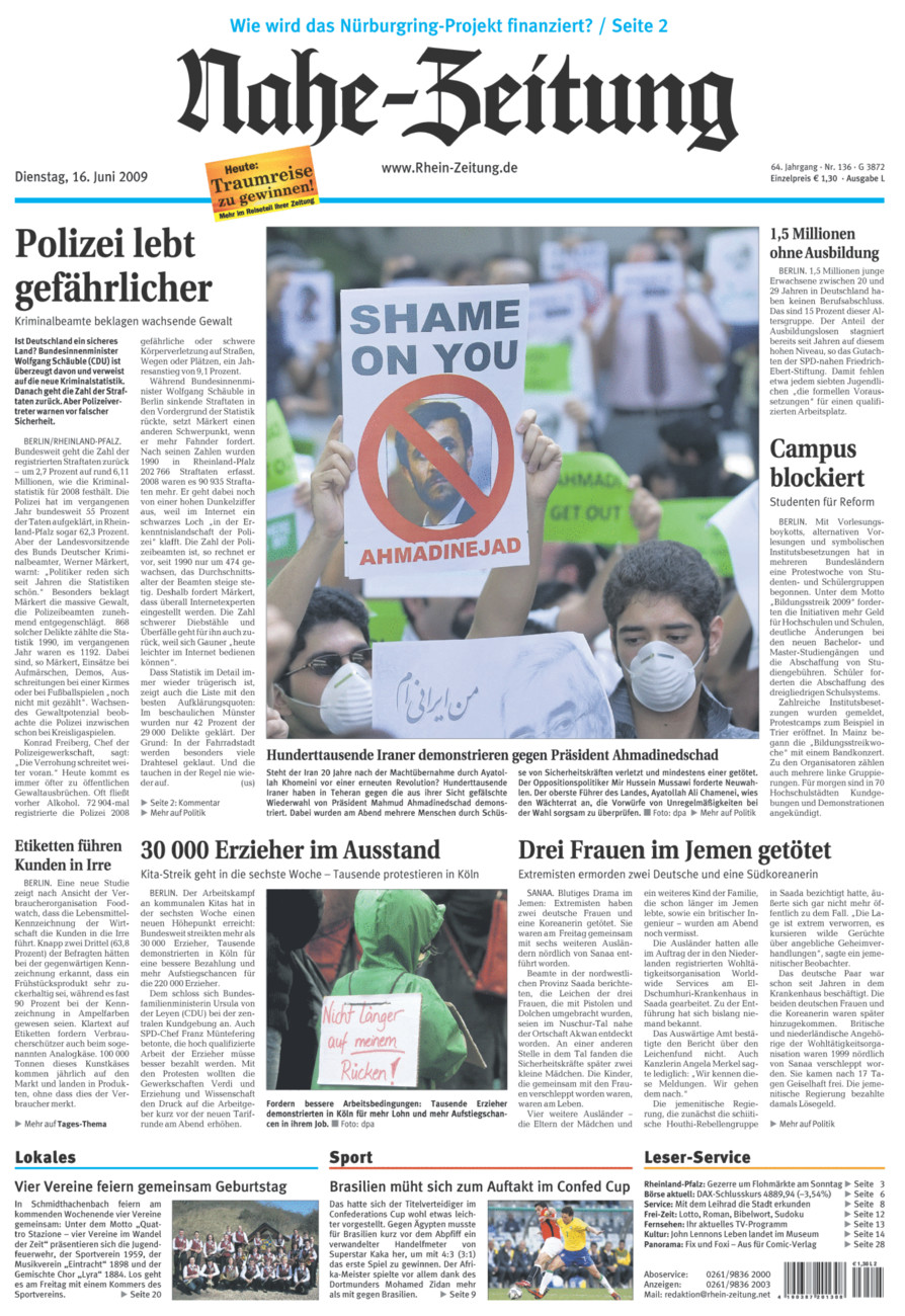 Nahe-Zeitung vom Dienstag, 16.06.2009
