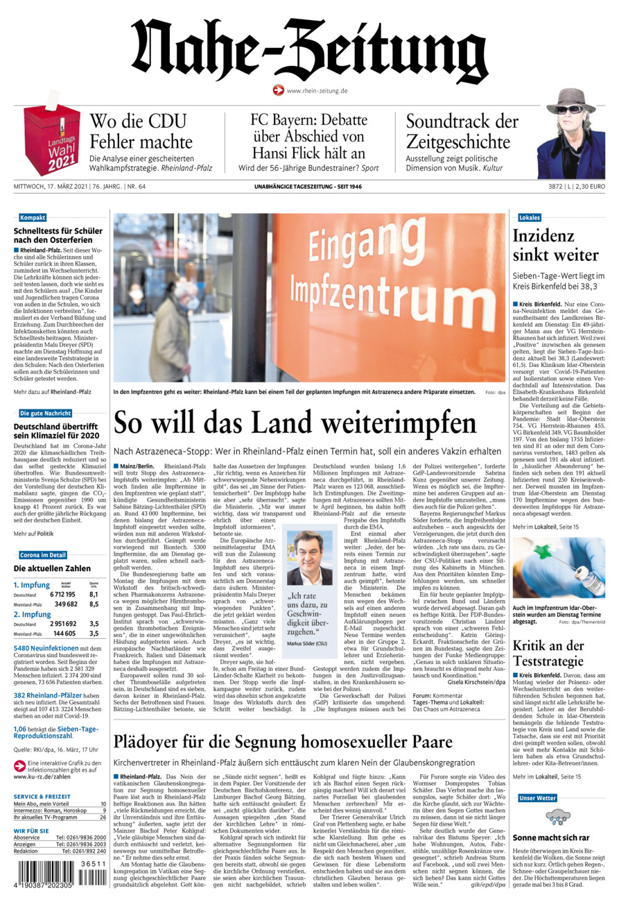 Nahe-Zeitung vom Mittwoch, 17.03.2021