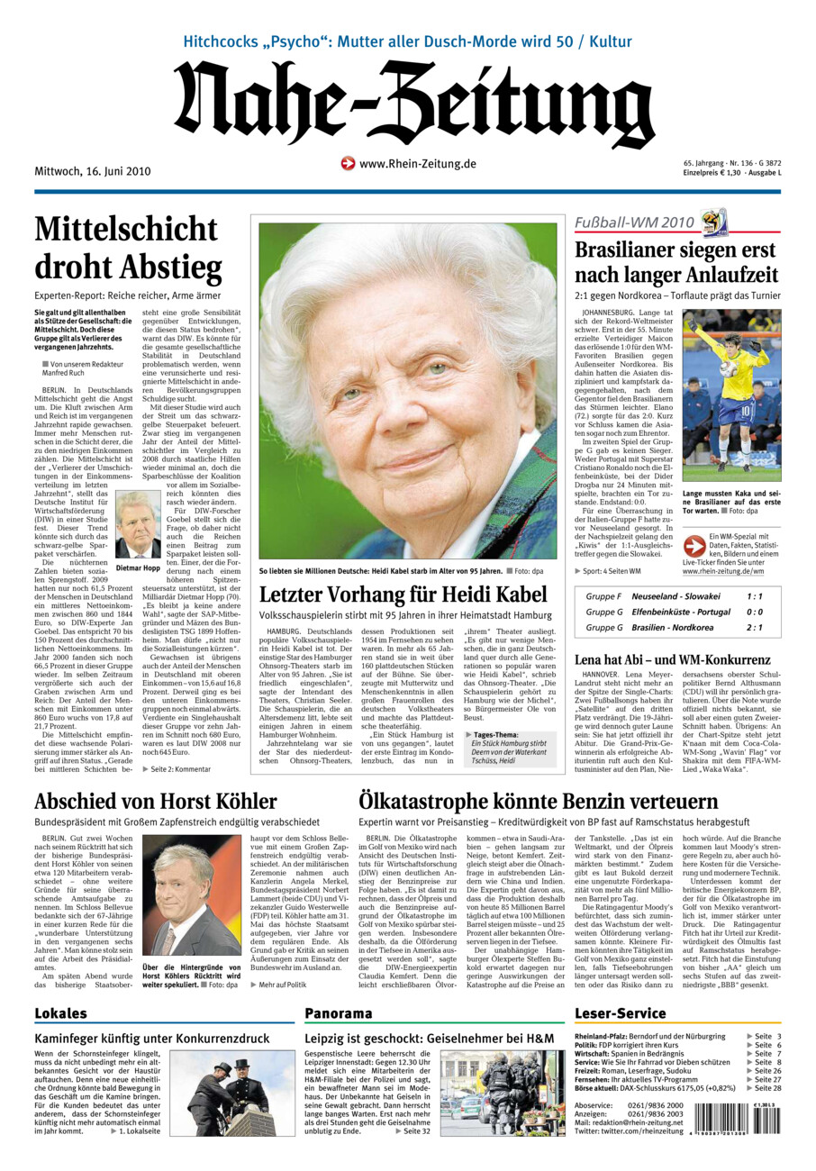 Nahe-Zeitung vom Mittwoch, 16.06.2010