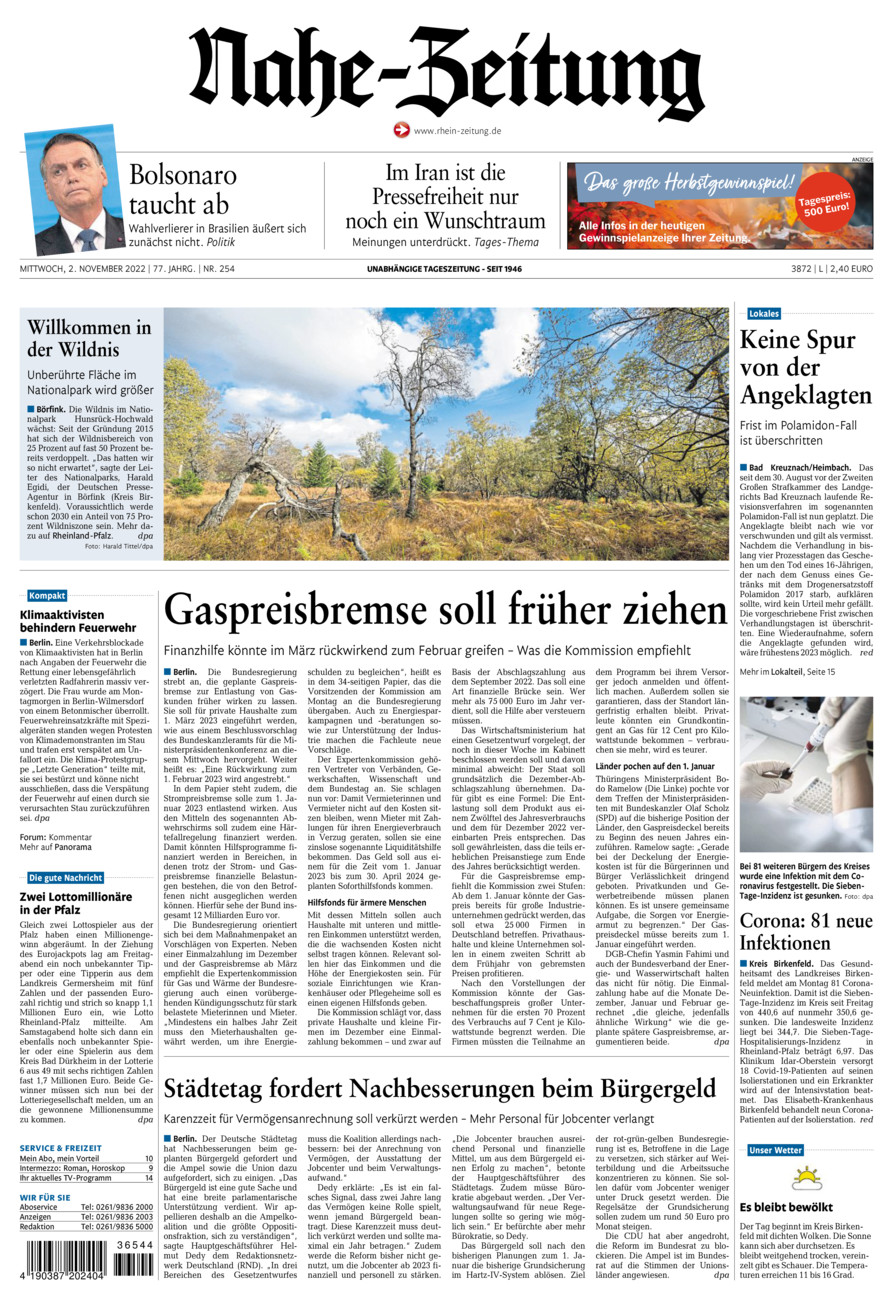 Nahe-Zeitung vom Mittwoch, 02.11.2022