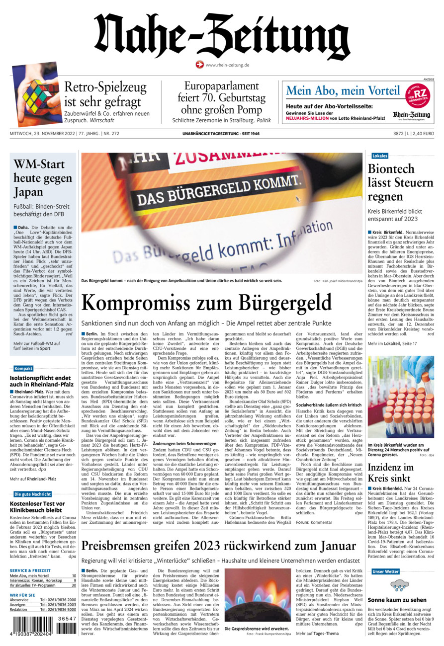 Nahe-Zeitung vom Mittwoch, 23.11.2022