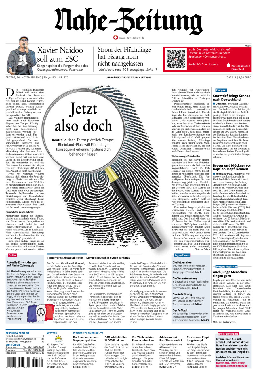 Nahe-Zeitung vom Freitag, 20.11.2015