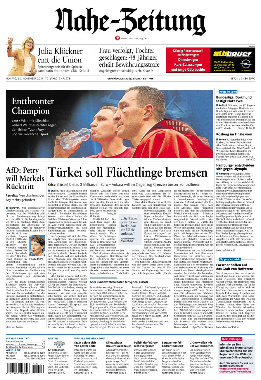 Nahe-Zeitung vom Montag, 30.11.2015