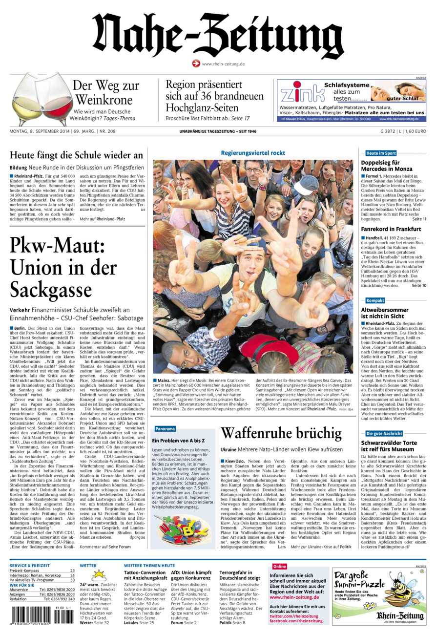 Nahe-Zeitung vom Montag, 08.09.2014