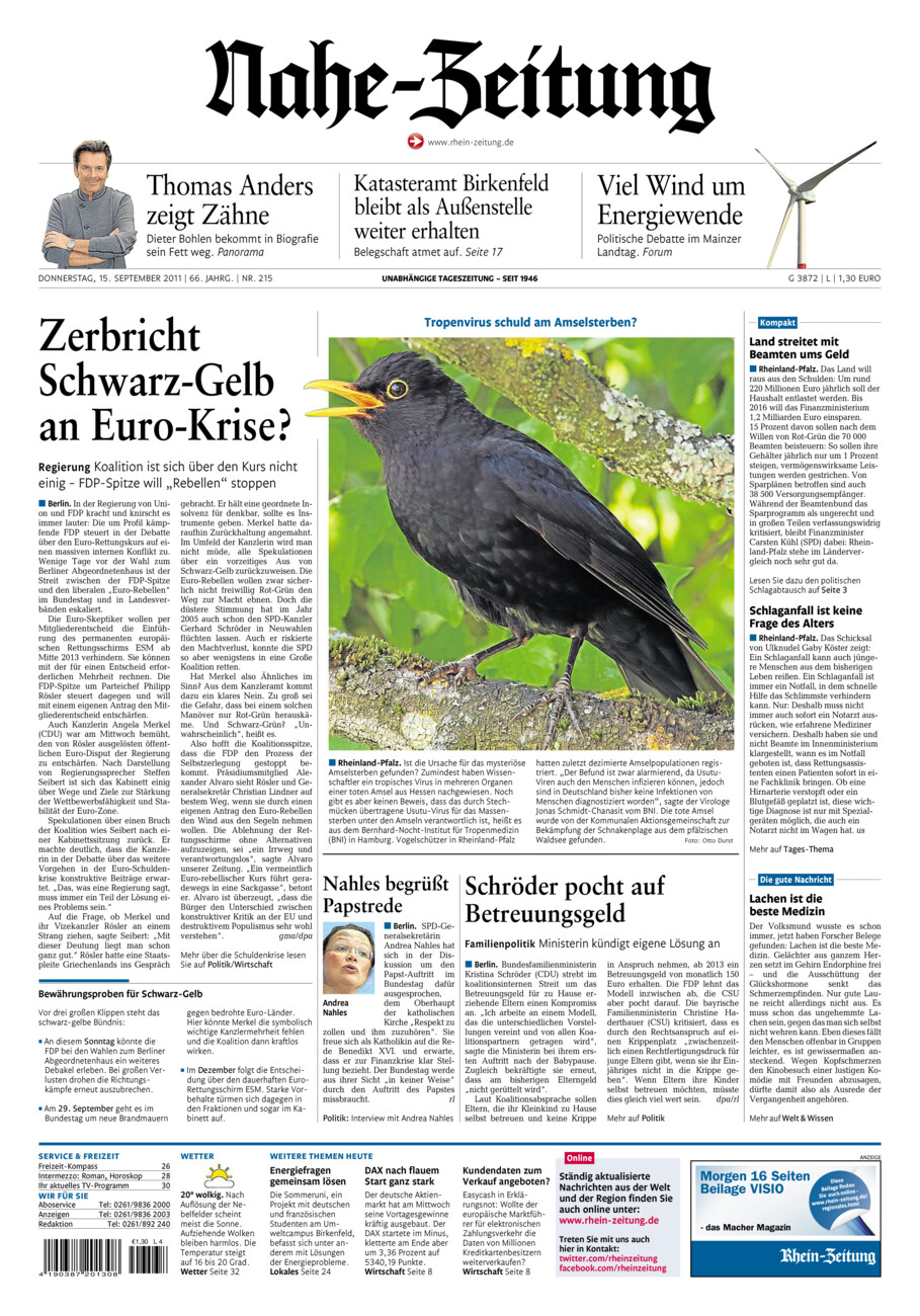 Nahe-Zeitung vom Donnerstag, 15.09.2011
