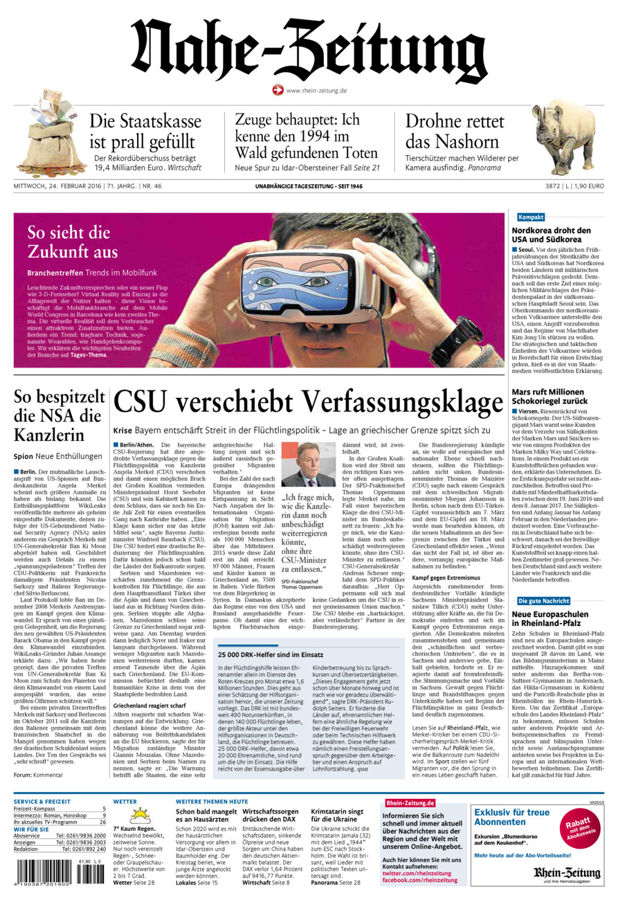 Nahe-Zeitung vom Mittwoch, 24.02.2016