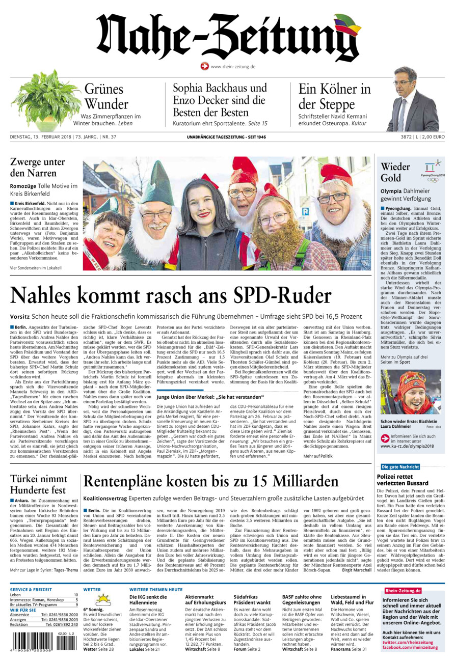 Nahe-Zeitung vom Dienstag, 13.02.2018