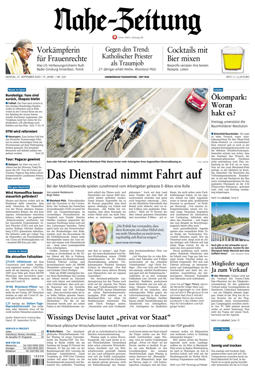 Nahe-Zeitung vom Montag, 21.09.2020