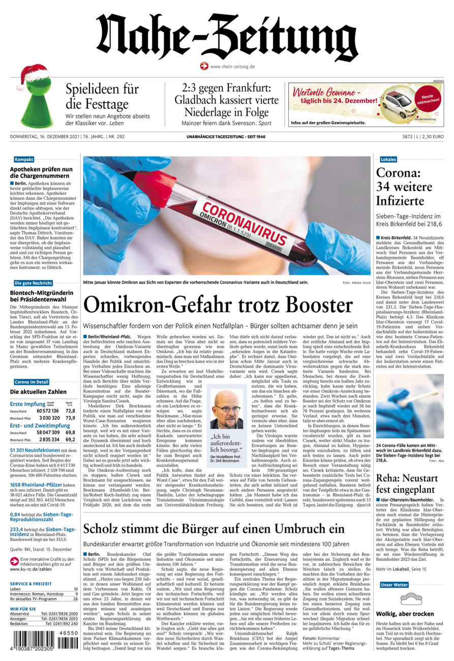 Nahe-Zeitung vom Donnerstag, 16.12.2021