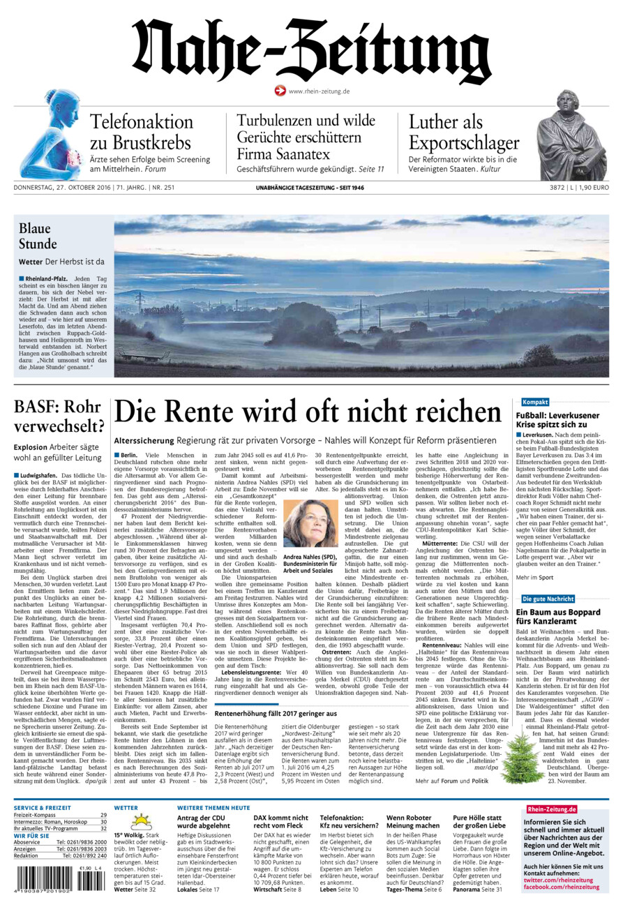 Nahe-Zeitung vom Donnerstag, 27.10.2016