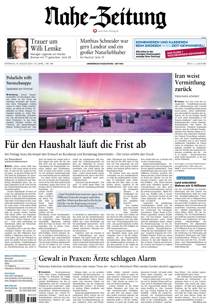 Nahe-Zeitung vom Mittwoch, 14.08.2024