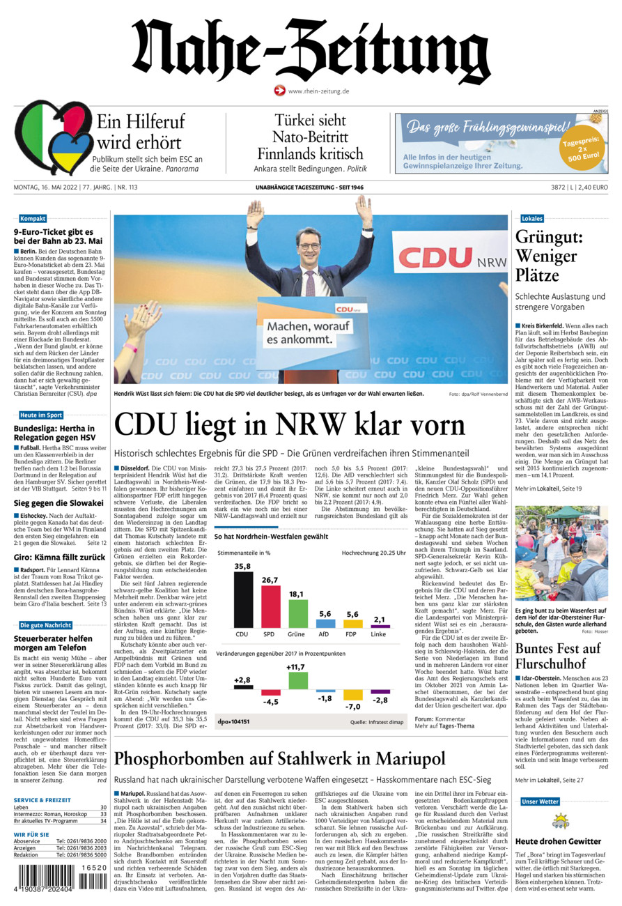 Nahe-Zeitung vom Montag, 16.05.2022