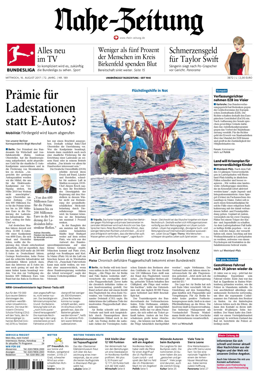 Nahe-Zeitung vom Mittwoch, 16.08.2017
