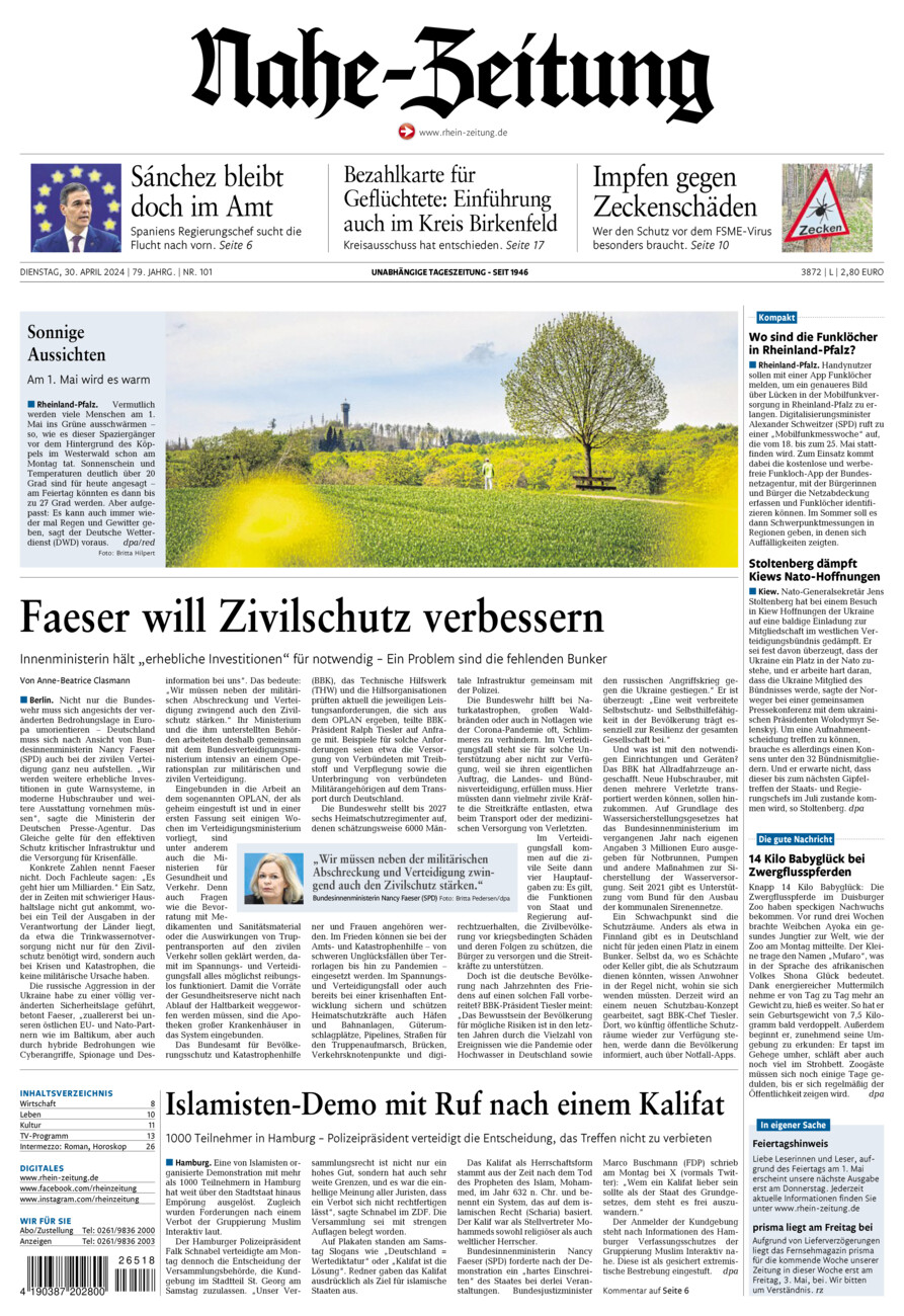 Nahe-Zeitung vom Dienstag, 30.04.2024
