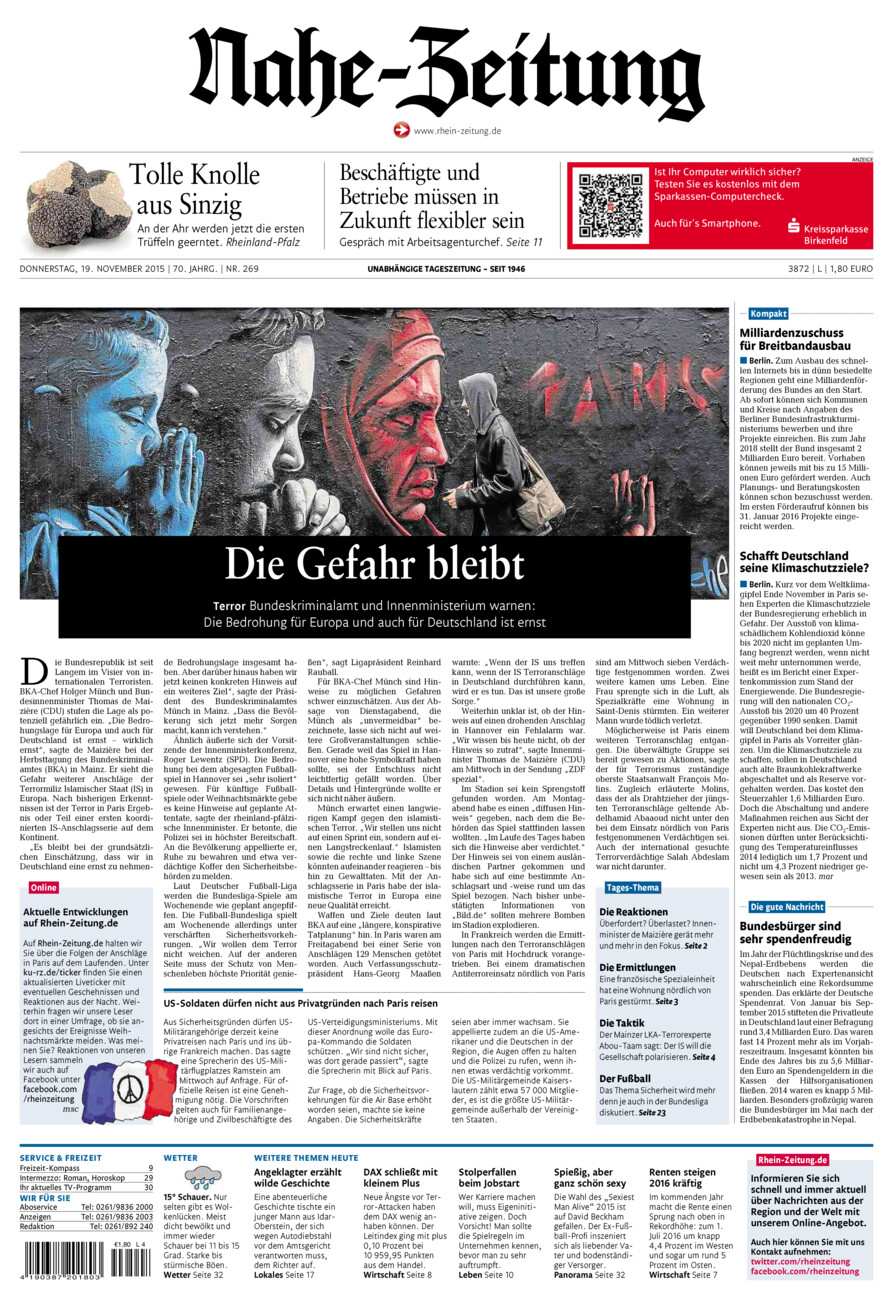 Nahe-Zeitung vom Donnerstag, 19.11.2015