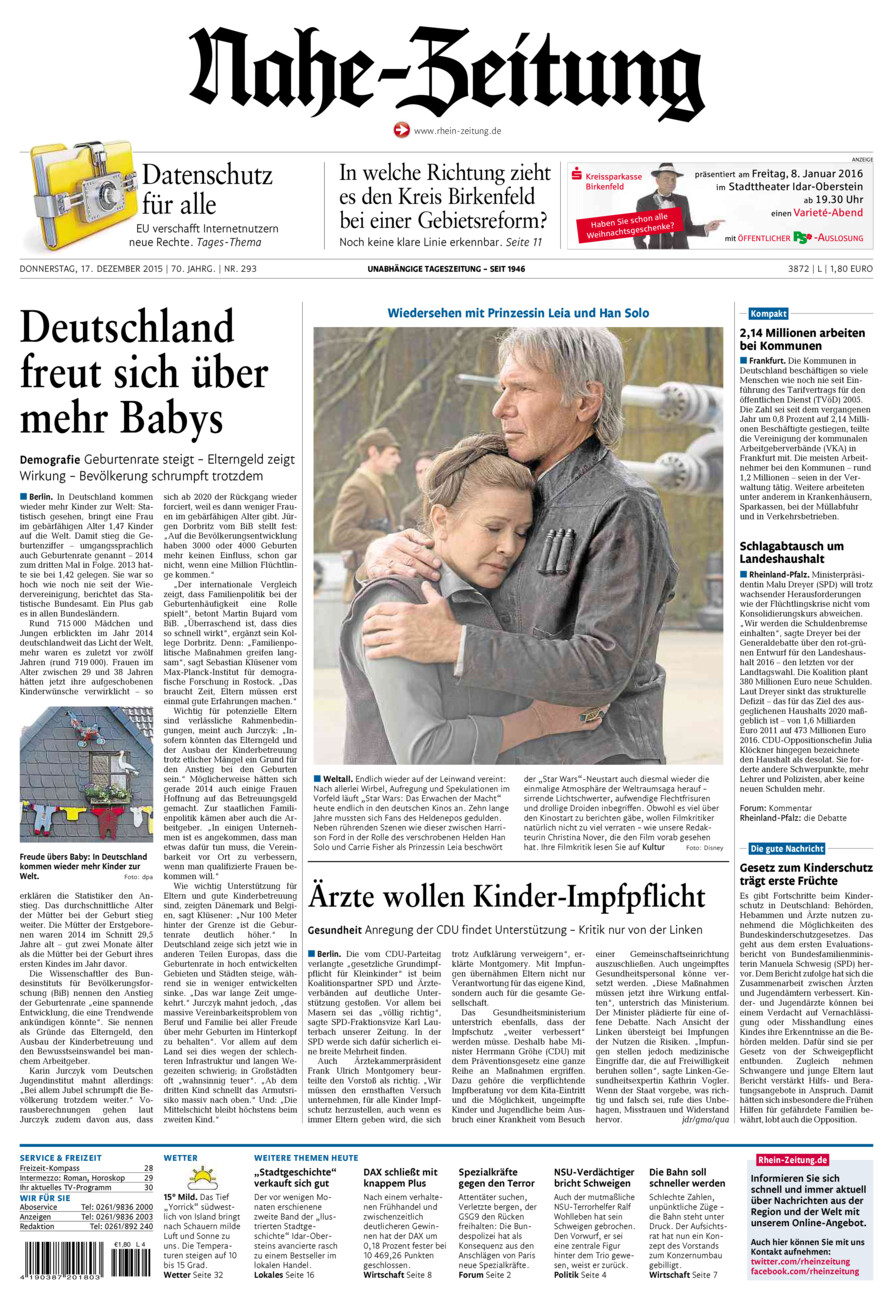 Nahe-Zeitung vom Donnerstag, 17.12.2015