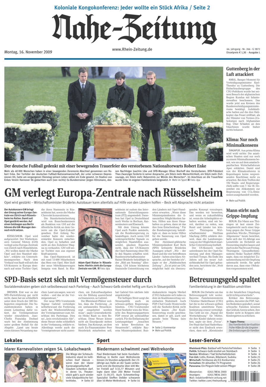 Nahe-Zeitung vom Montag, 16.11.2009