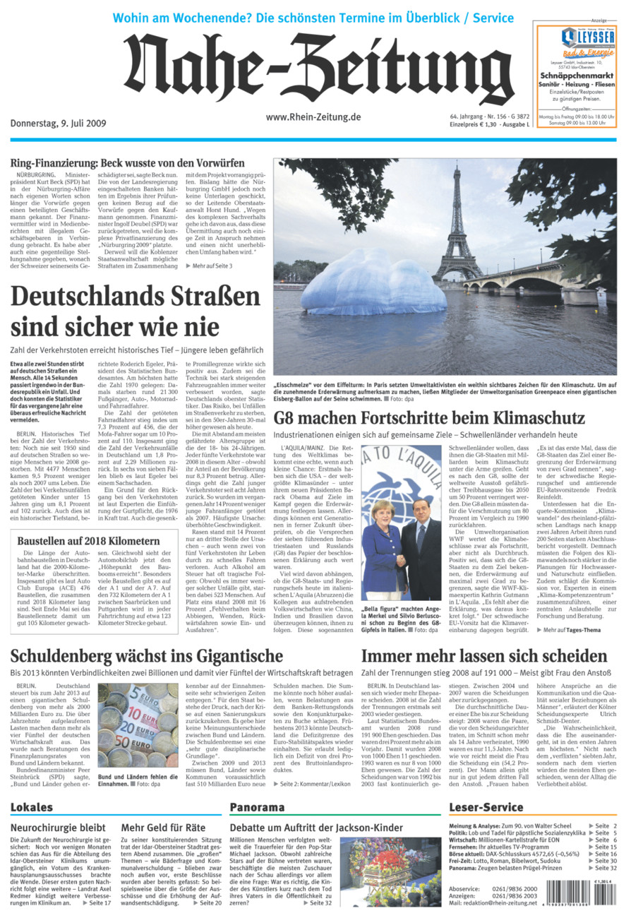 Nahe-Zeitung vom Donnerstag, 09.07.2009