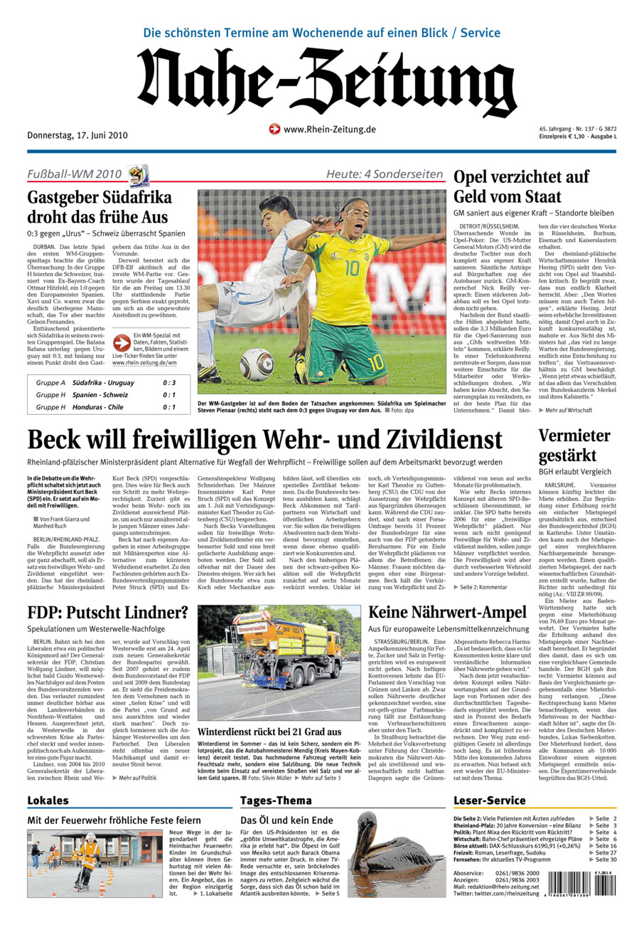 Nahe-Zeitung vom Donnerstag, 17.06.2010