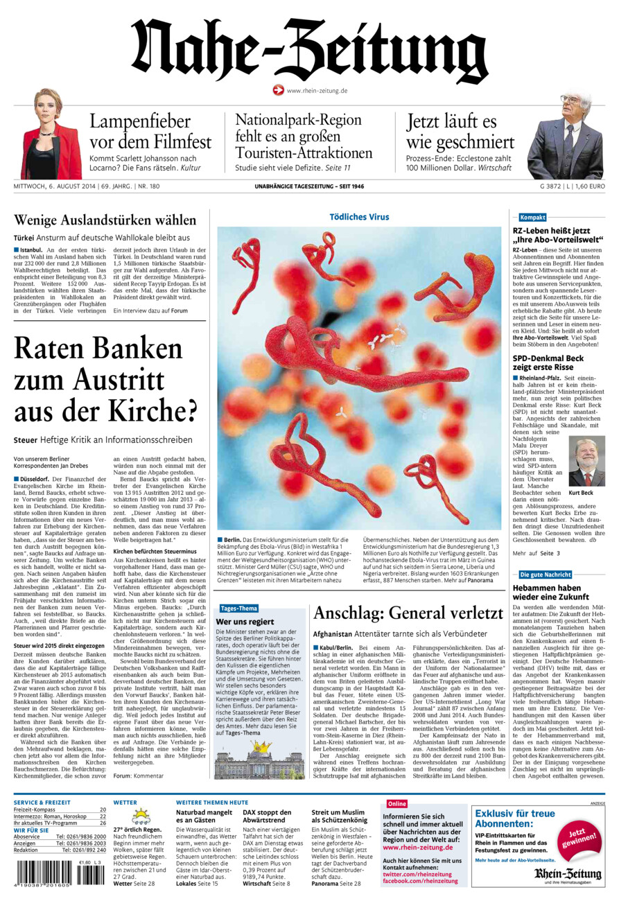 Nahe-Zeitung vom Mittwoch, 06.08.2014