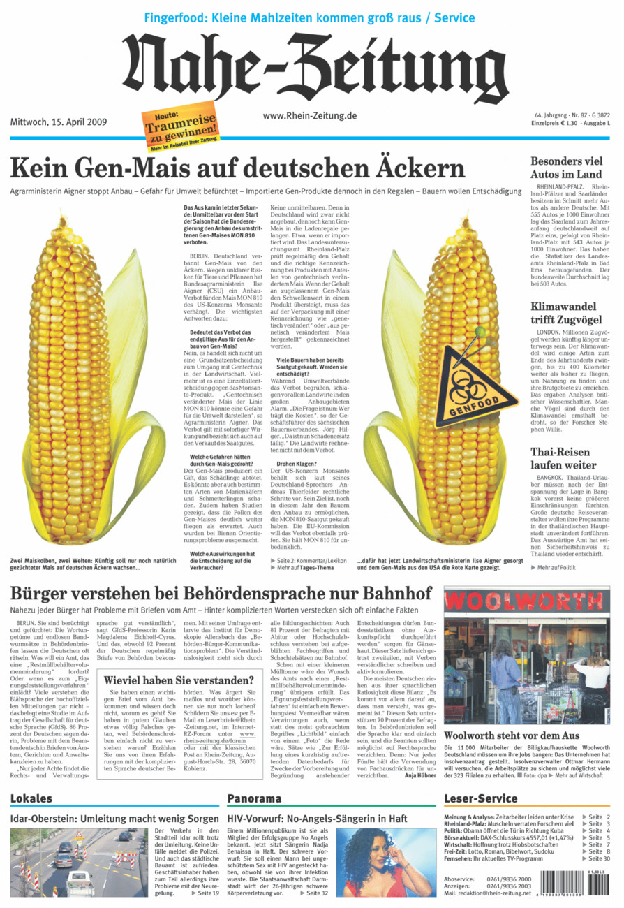 Nahe-Zeitung vom Mittwoch, 15.04.2009