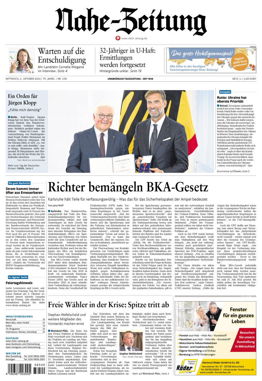 Nahe-Zeitung vom Mittwoch, 02.10.2024