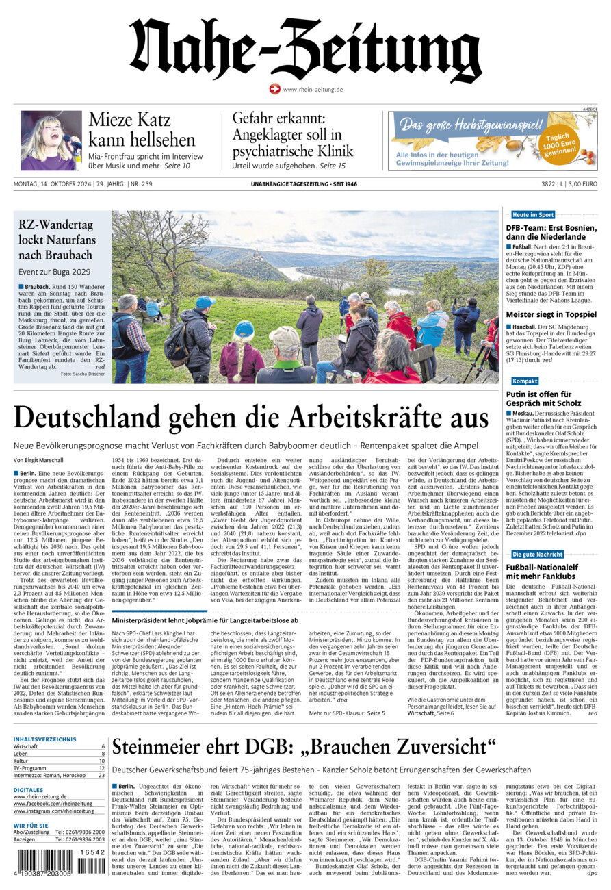 Nahe-Zeitung vom Montag, 14.10.2024