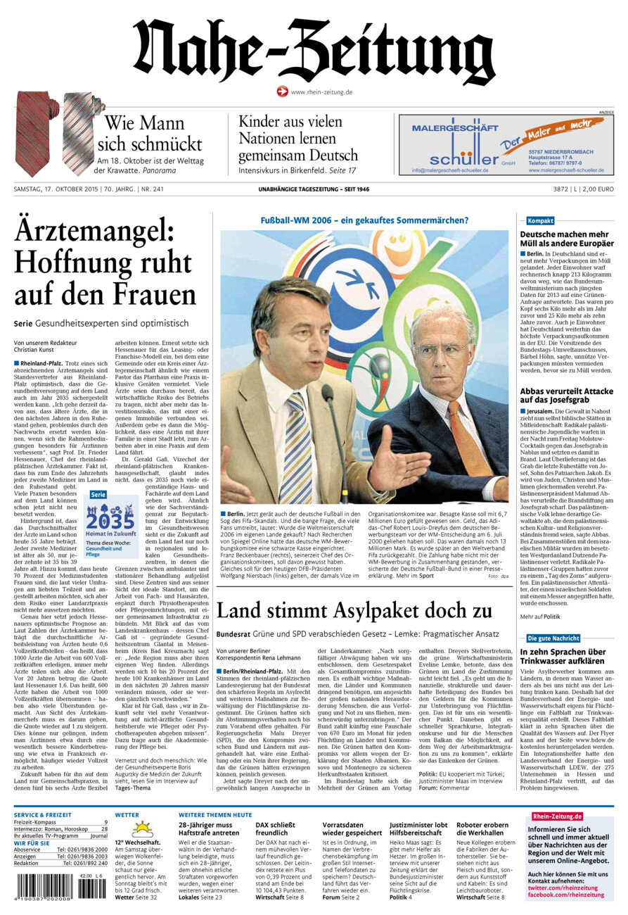 Nahe-Zeitung vom Samstag, 17.10.2015