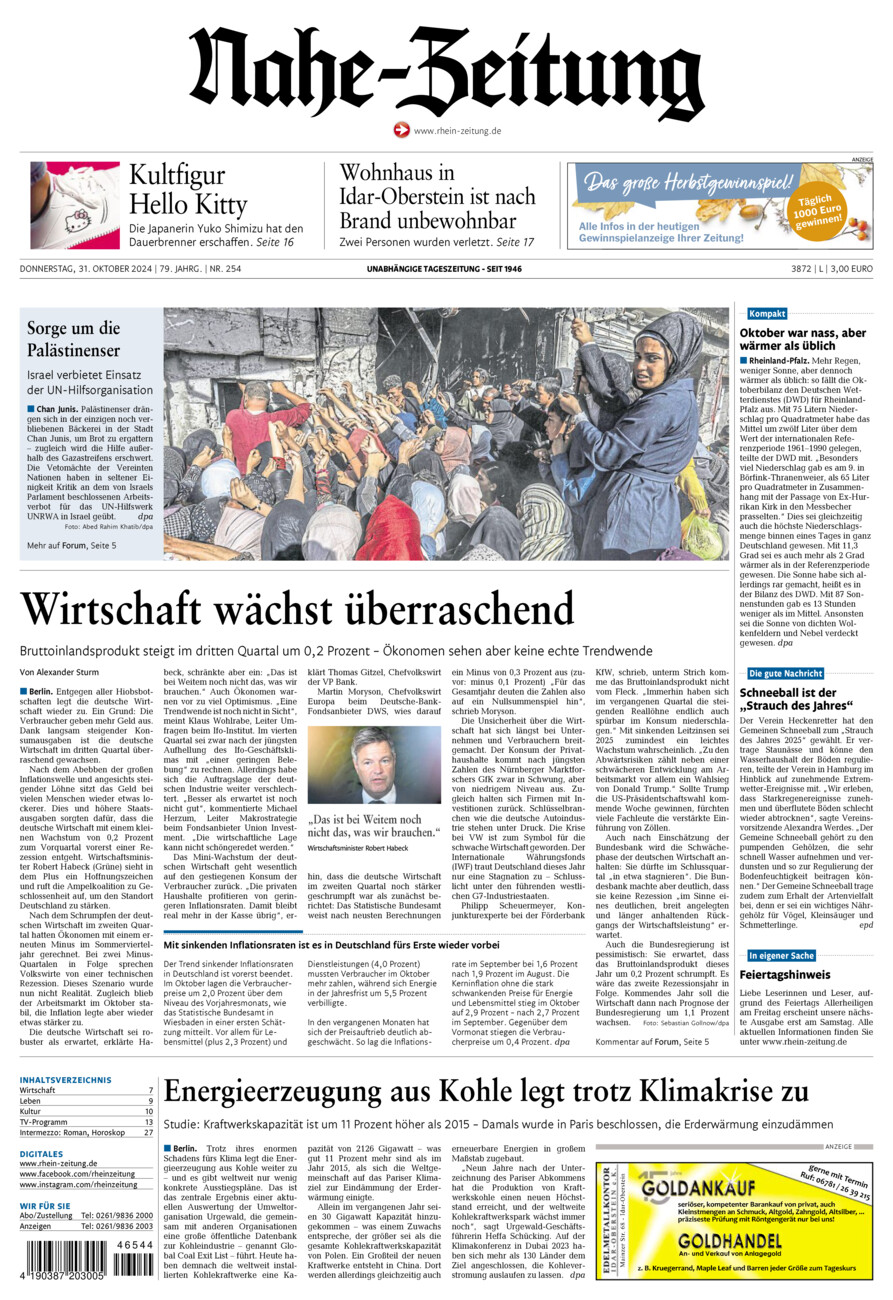 Nahe-Zeitung vom Donnerstag, 31.10.2024