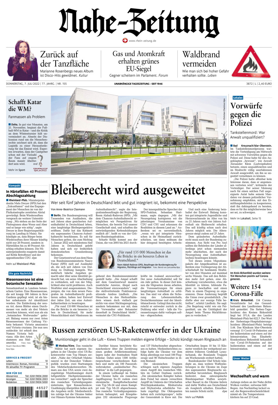 Nahe-Zeitung vom Donnerstag, 07.07.2022