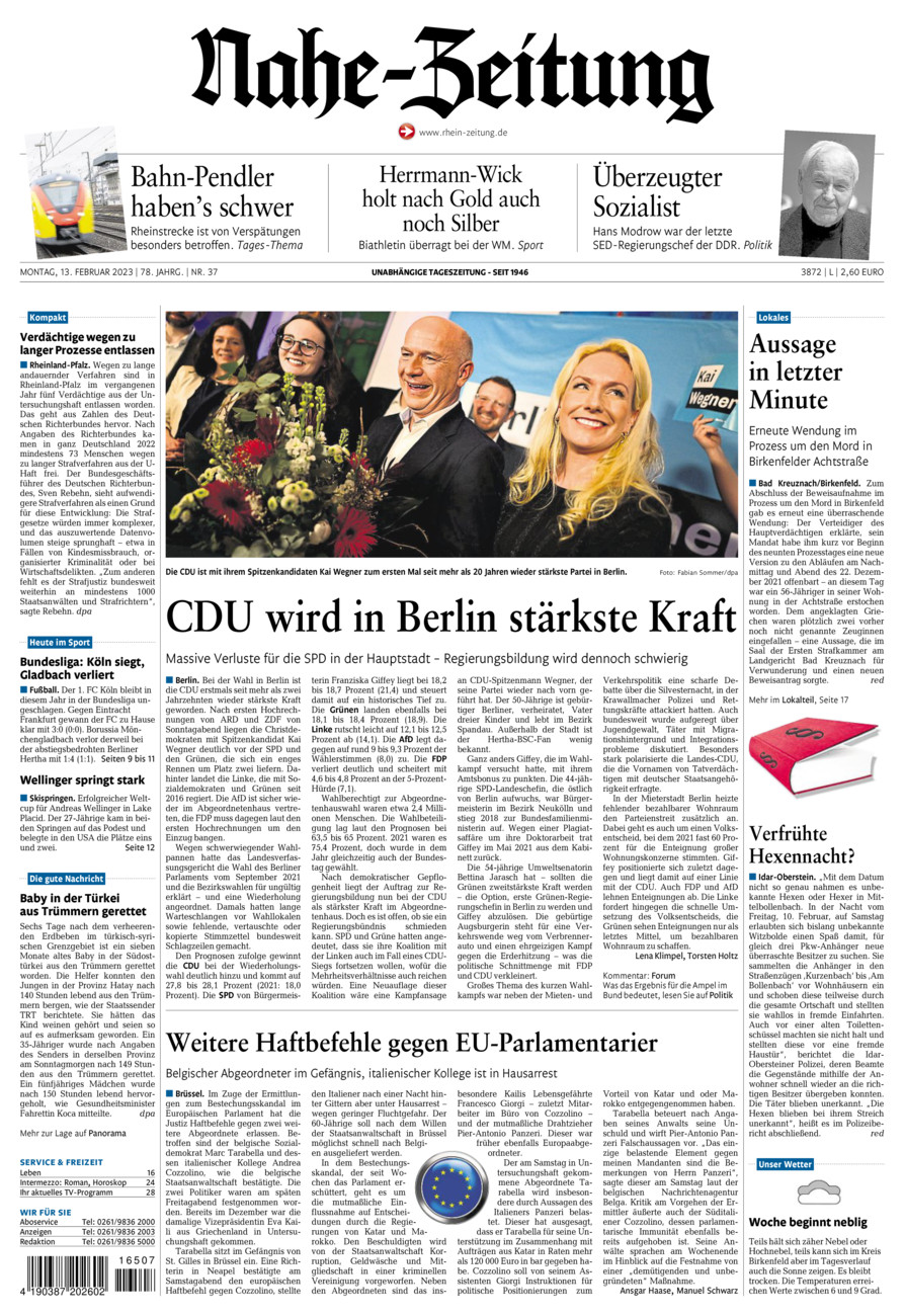 Nahe-Zeitung vom Montag, 13.02.2023