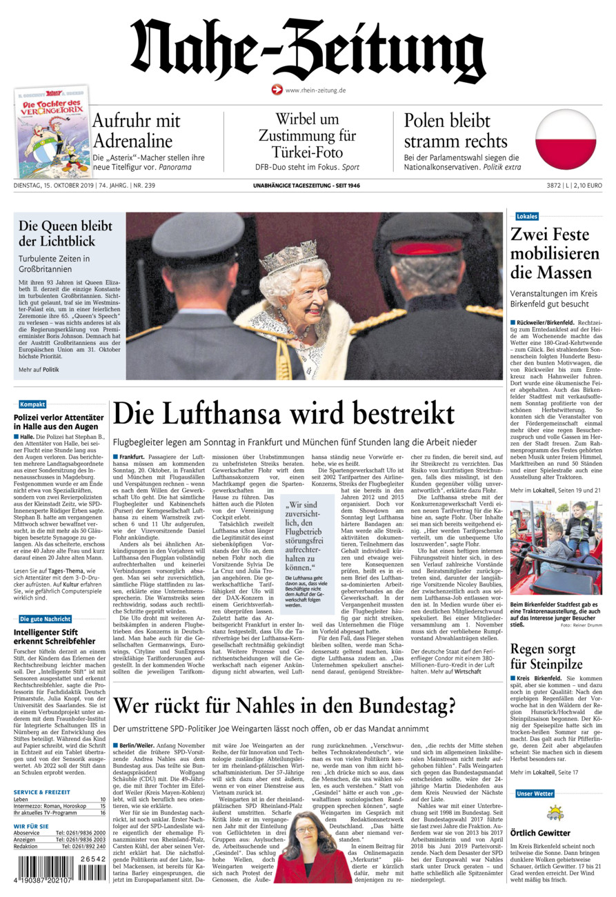 Nahe-Zeitung vom Dienstag, 15.10.2019