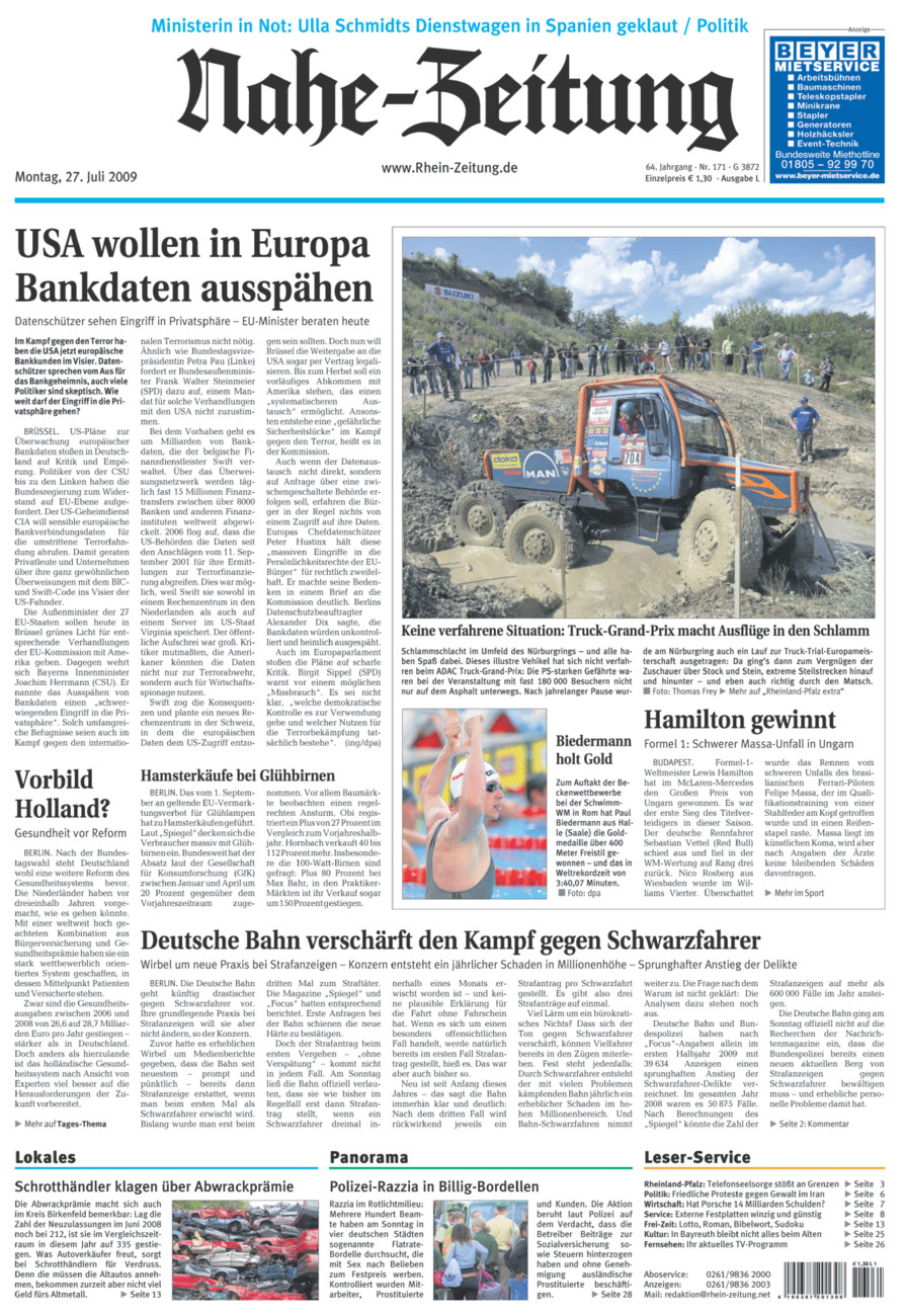 Nahe-Zeitung vom Montag, 27.07.2009