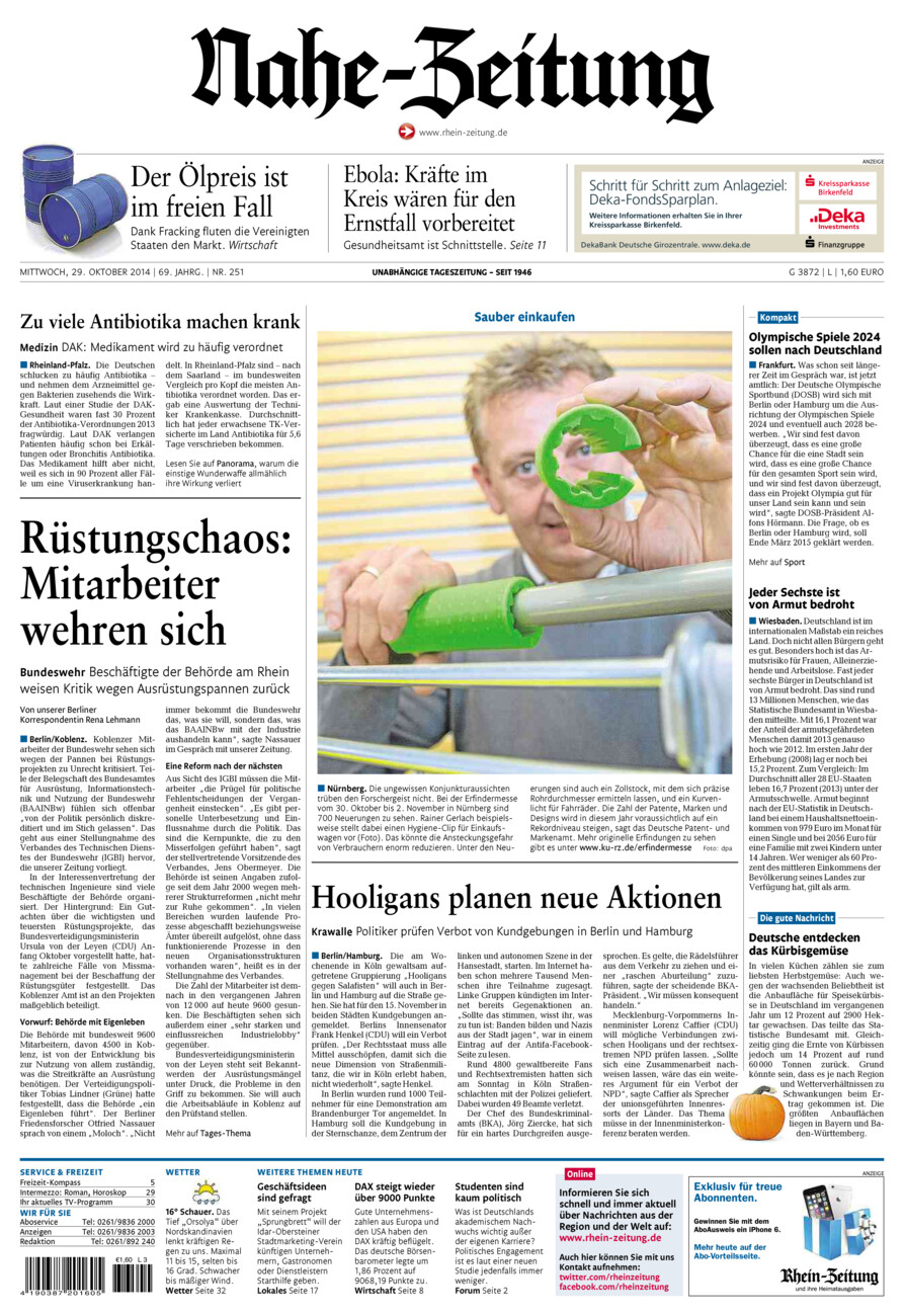 Nahe-Zeitung vom Mittwoch, 29.10.2014