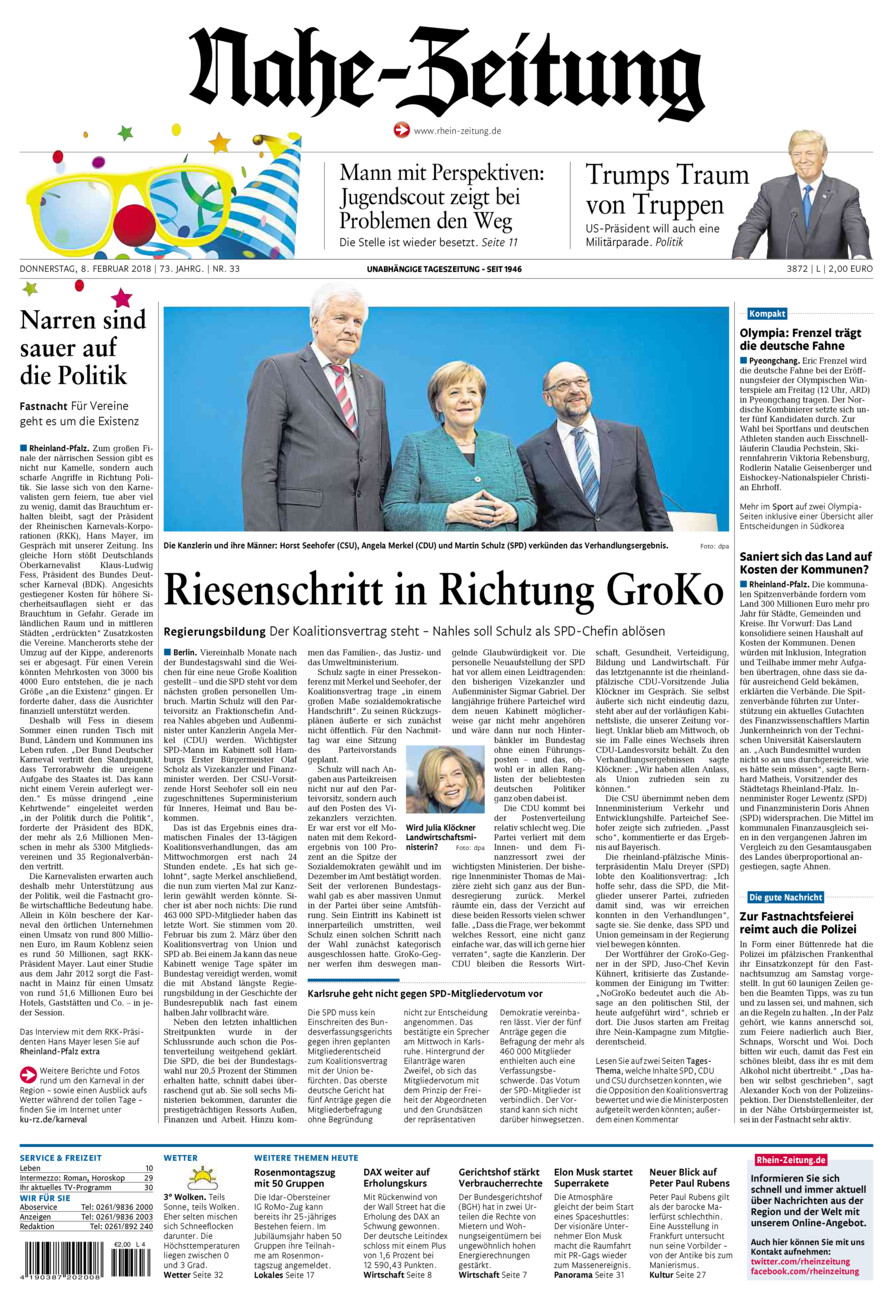 Nahe-Zeitung vom Donnerstag, 08.02.2018