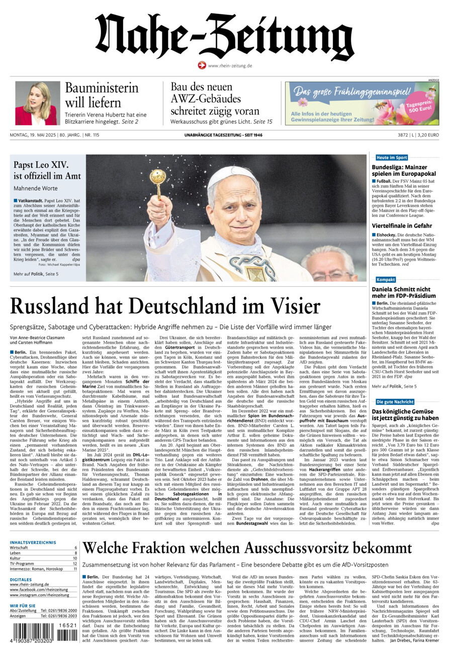 Nahe-Zeitung vom Montag, 19.05.2025