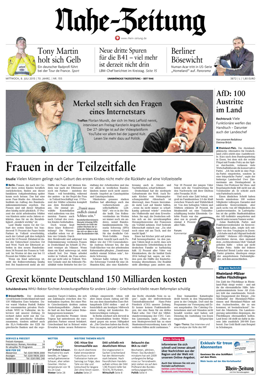 Nahe-Zeitung vom Mittwoch, 08.07.2015