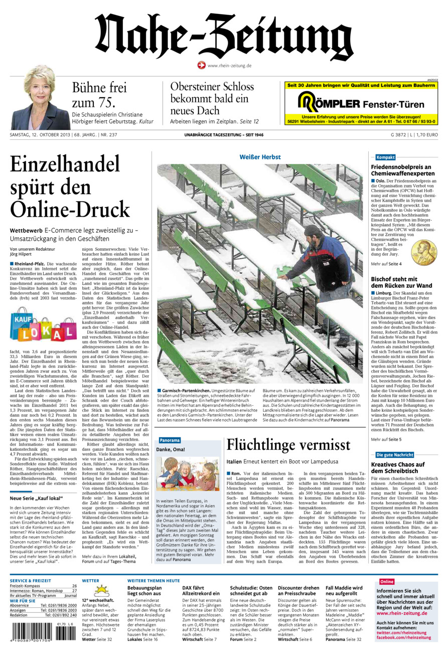 Nahe-Zeitung vom Samstag, 12.10.2013