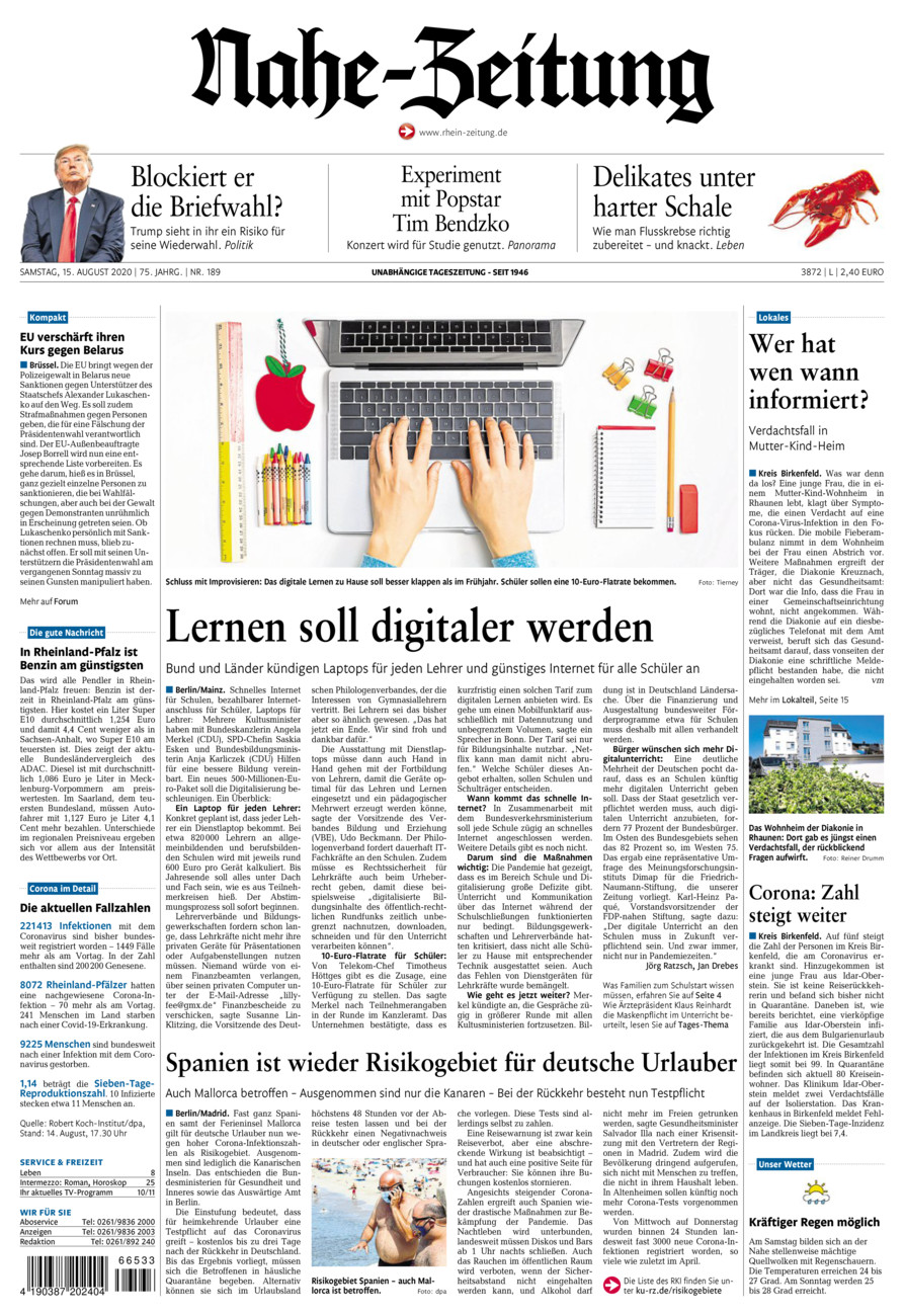 Nahe-Zeitung vom Samstag, 15.08.2020