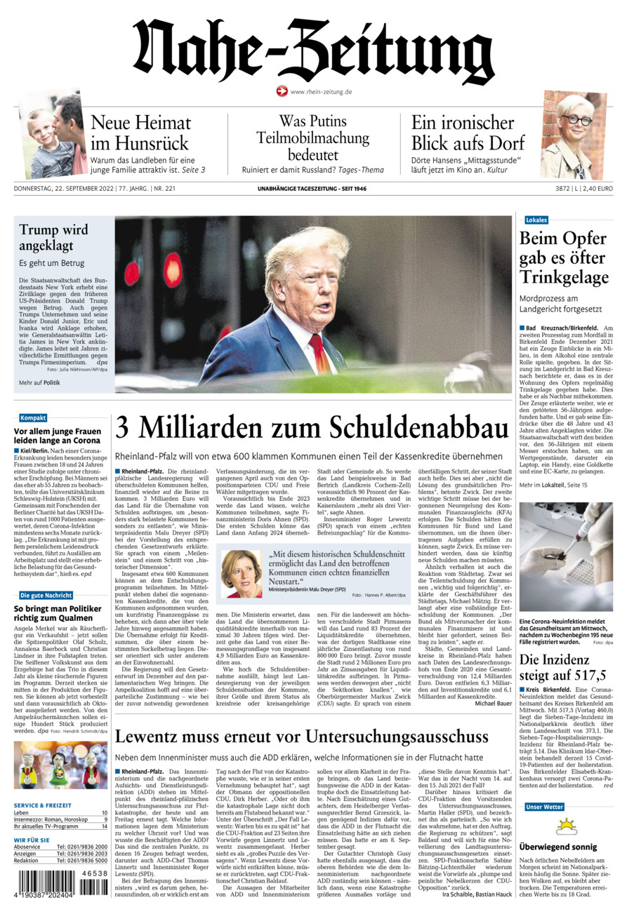 Nahe-Zeitung vom Donnerstag, 22.09.2022