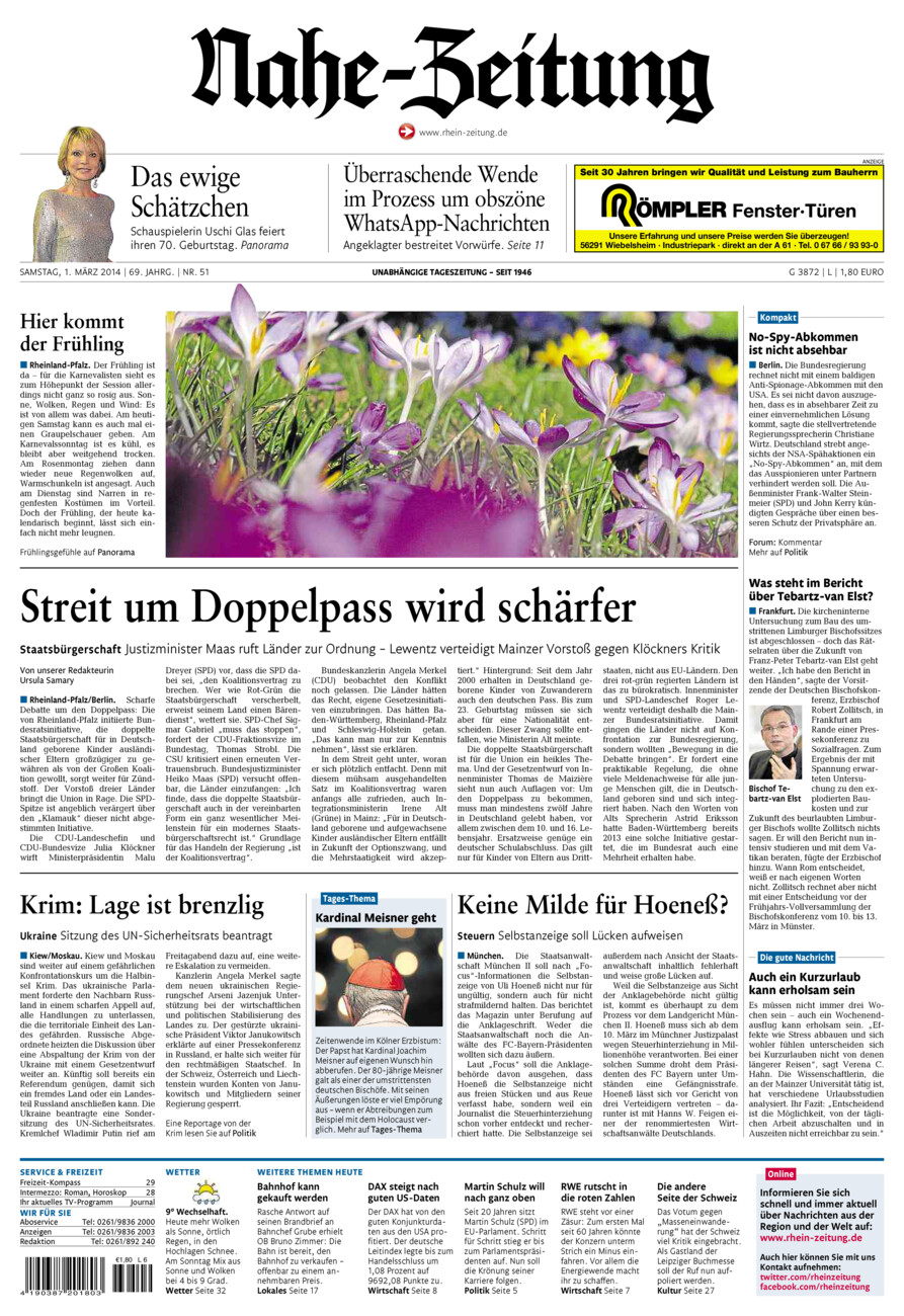 Nahe-Zeitung vom Samstag, 01.03.2014