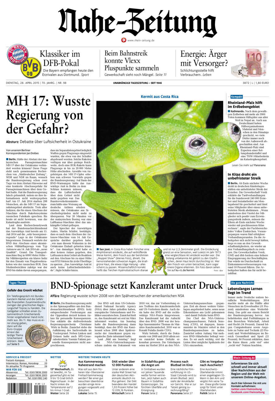 Nahe-Zeitung vom Dienstag, 28.04.2015