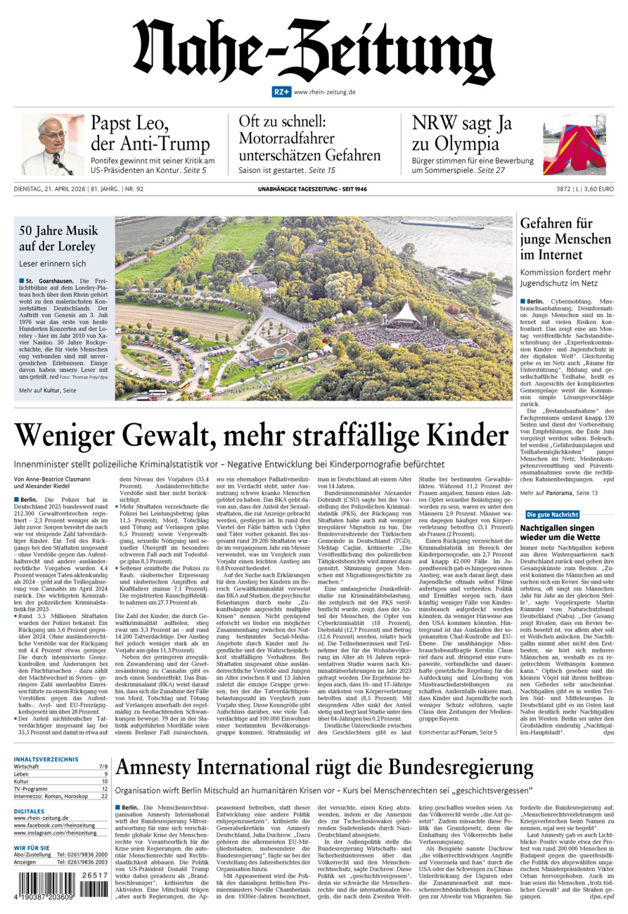 Nahe-Zeitung vom Dienstag, 21.04.2026